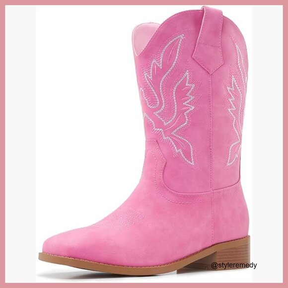 Shoes - Square Toe Cowgirl Boots Mid Calf Low Heel Faux Leather